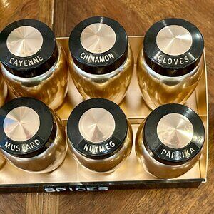 vintage MCM 1950s Kromex spun aluminum spice rack set with black lids
